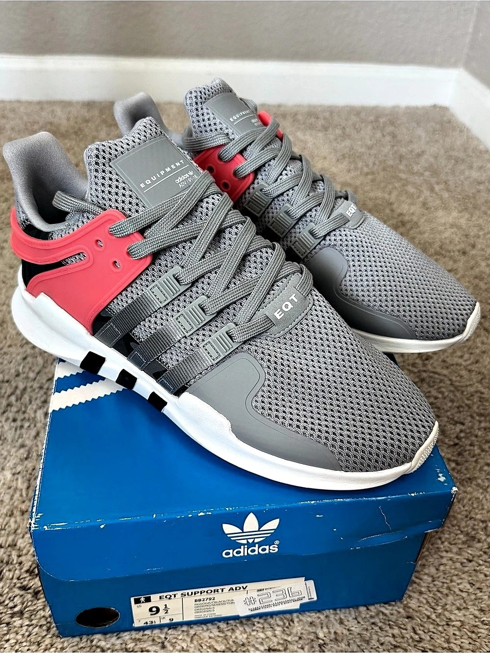 adidas EQT Support ADV Athletic Sneakers Gray & Pink US 9.5 NWT